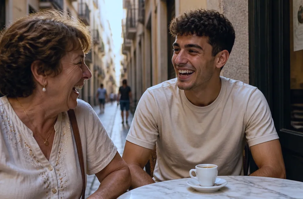 Nil laughing with his grandmother at a café table in a narrow street
