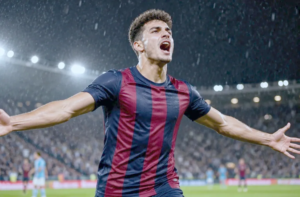 Nil roaring with both arms wide after scoring, rain in the floodlights