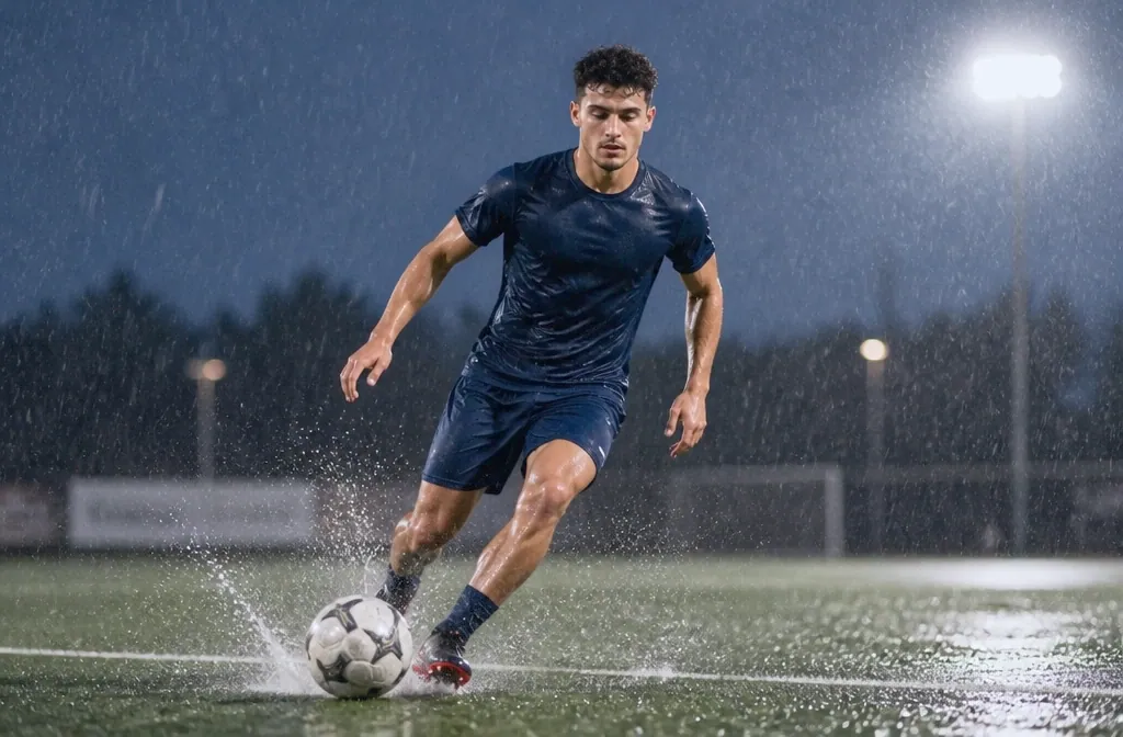 Nil training alone in the rain on a floodlit pitch