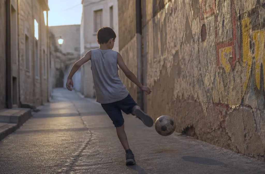 A boy kicking a ball against a graffitied wall in a narrow back street at dusk